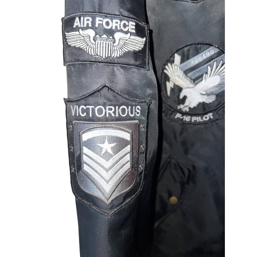 Victorious Black Military-Style Bomber Jacket Air Force Patches Ribbed Collar & - Picture 4 of 6